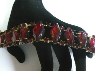 Stunning Vintage Gold Silver Tone Red Rhinestone Bracelet With Safety Chain