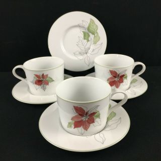 Vtg Set Of 3 Cups And 4 Saucers By Block Spal Watercolors Poinsettia Christmas