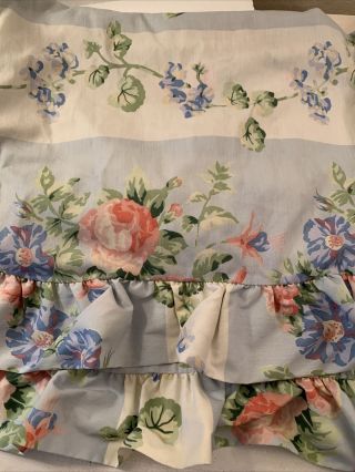 Laura Ashley Vintage Floral Stripe Blue Pink Rose Ruffled Shams Set 2 Euc