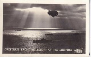 Wwii Rppc Real Photo Postcard Us Navy Blimp Ov Ship Convoy Atlantic 10