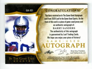 2020 - 21 Barry Sanders Leaf In The Game Auto Patch /6 Jersey GU Signed Prizm 2
