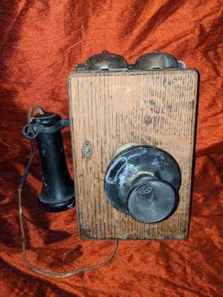 Antique Wall Phone With Attached Receiver And Wooden Bell Box