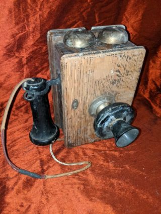 Antique Wall Phone with Attached Receiver and Wooden Bell Box 3