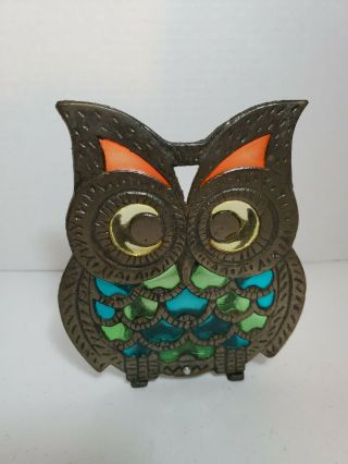 Owl Napkin Recipe Holder Metal & Stained Glass Vintage Vtg Guc Kitchen Unique