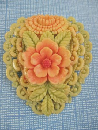 Japan Carved Celluloid Floral Authentic Vintage Dress Clip Brooch