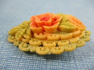 JAPAN Carved Celluloid Floral Authentic VINTAGE Dress Clip BROOCH 3