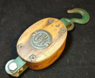Vintage Block And Tackle Double Wooden Pulley Uw Green Paint