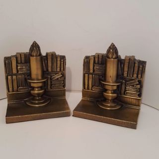Vintage Pa Pennsylvania Mfg.  Brass Bookends Library & Candlestick Theme 4 - 3/4 "