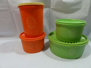 Set Of 4 Vintage Tupperware Apple Green & Orange Canisters With Lids