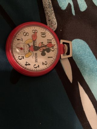 Mickey Mouse Vintage Disney Bradley Red Pocket Watch - Made In Usa