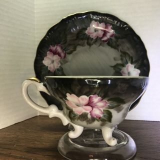 Vintage Tea Cup And Saucer By Marco 3 Footed Black W/pink Flowers,  Gold Trim