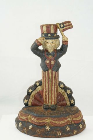 Vtg Uncle Sam Cast Iron Door Stop Flag Salute Bookend Patriotic Red White & Blue