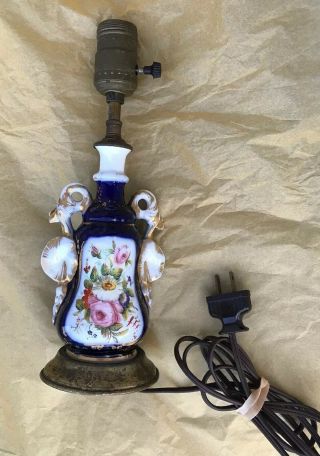 Antique Vtg Limoges Style Lamp Hand Painted Floral Blue Gold Porcelain French