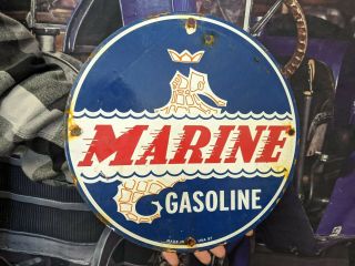 Old Vintage Dated 1957 Marine Gasoline Porcelain Gas Station Pump Sign Gas & Oil
