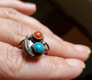 Vintage Sterling Silver Navajo Turquoise Coral Native American Indian Ring