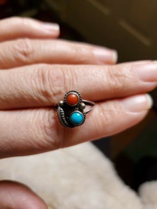 Vintage Sterling Silver Navajo Turquoise Coral Native American Indian Ring 2