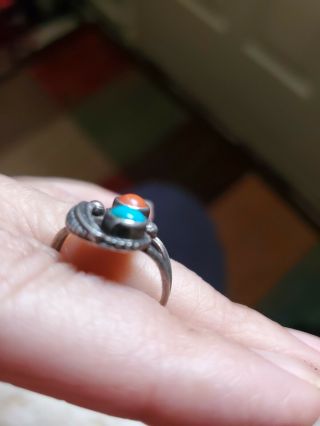 Vintage Sterling Silver Navajo Turquoise Coral Native American Indian Ring 3