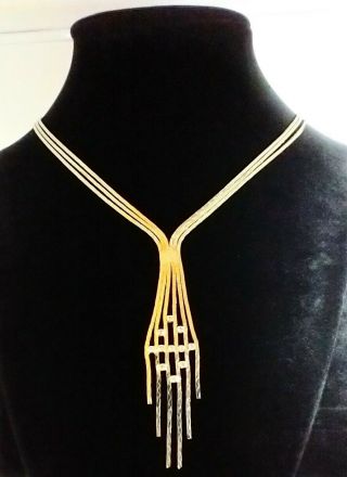 Vintage Gold Tone Mesh Snake Chain Necklace Lariat Tassel Knot