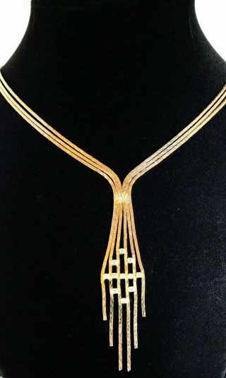 Vintage Gold Tone Mesh Snake Chain Necklace Lariat Tassel Knot 2