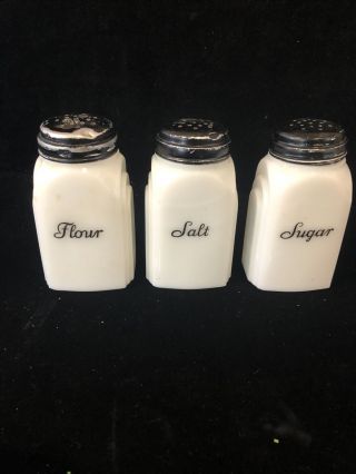 Vintage Milk Glass White & Black Shaker " Flour Salt & Sugar