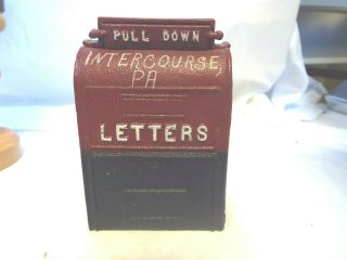 Vintage Intercourse,  Pa.  Cast Iron Red And Blue Mailbox Coin Bank 4 X 2 3/4 "