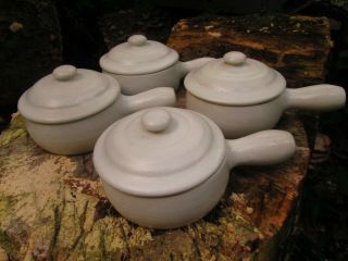 4 Vintage French Onion Soup Ceramic Lidded Bowls Cream White Matte Glaze