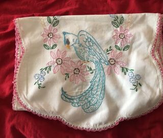 Vintage 2 Hand - Embroidered Dresser Scarf/table Runner Parrot And Bluebird