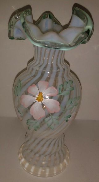 Vintage Fenton Glass Hand Painted S.  Fisher Green Crest Opalescent Swirl Vase