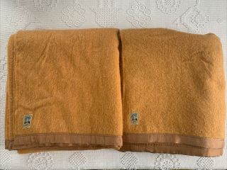 Set Of 2 Vintage Kenwood Wool Blanket Satin Binding Butterscotch 72x80