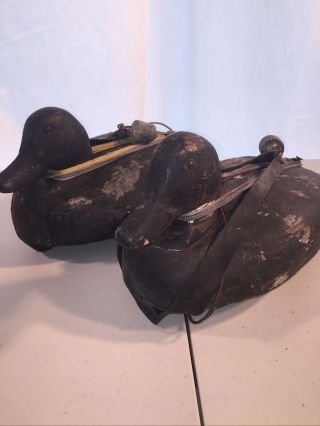 Vintage Antique Primitive Solid Wood Duck Decoys,  Bluebill Pair,  String & Weight