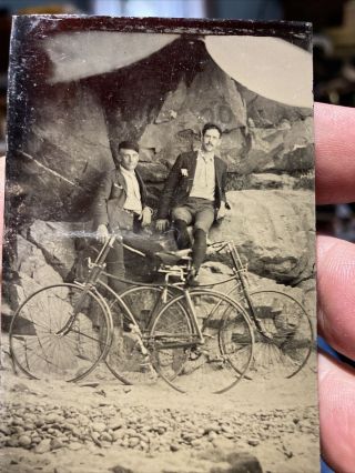 Victorian Antique Vintage 2 Dapper Men With Bicycles Tintype Photograph