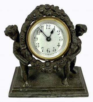 Antique Patent Applied Cherub Angel Floral Metal Art Nouveau Victorian Old Clock