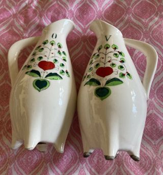 Vintage Wales Japan Ceramic Vinegar And Oil Containers Heart And Greenary 6”