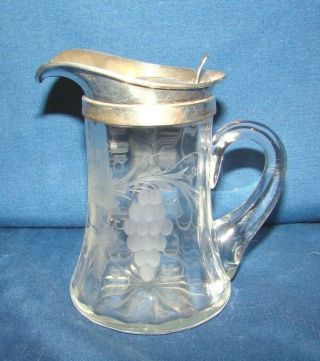 Antique Glass Syrup Cream Pitcher W/ Engraved Grapes & Sterling Top