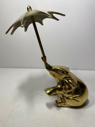 Vintage Brass Elephant Holding Umbrella Up With Trunk Up 7.  5 " H