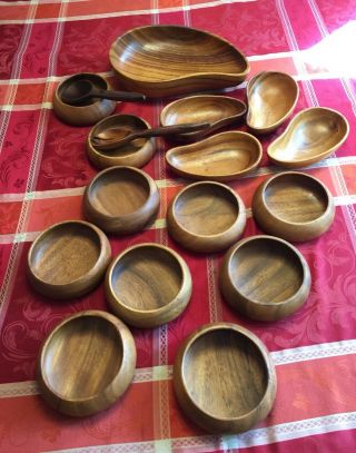 16 - Pc Vintage Wood Salad Bowl Set: Serving Bowl,  Utensils,  14 Bowls - Philippines