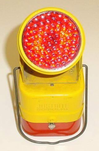 Vintage Justrite Flashlight Lantern Yellow & Red With Red Lens On Swivel Head 2