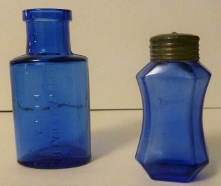 2 Vintage Cobalt Blue Items - Medicine Bottle And Small Lidded Bottle