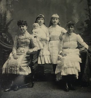 Antique American Four School Girls Sisters & One Porcelain Doll Tintype Photo