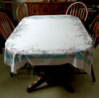Vintage 52 " X 63 " Printed Tablecloth Table Cover Luncheon Dinner Cloth Aqua Pink