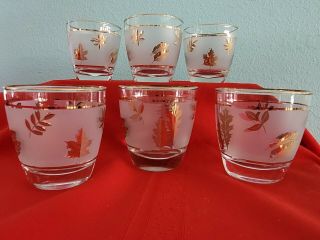 6 Vintage Libby Libbey Glass Cocktail Short Glasses Frosted Gold Leaf Leaves