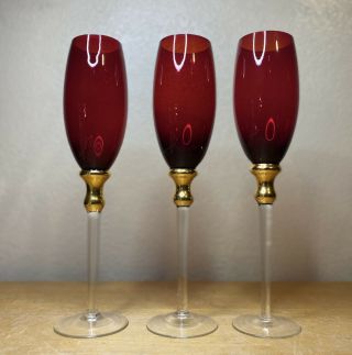 24k Gold Hand Blown Ruby Red Wine Glasses Set Of 3 Rare Euc Mcm Vintage