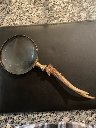 Vintage Antique Authentic Antler Handle And Brass Magnifying Glass