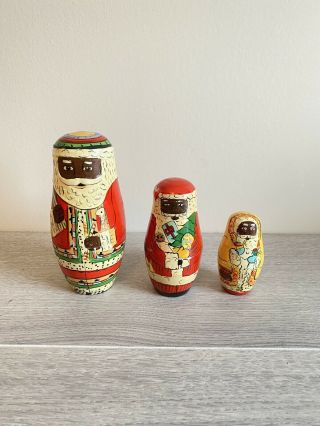 Vtg Black Santa Matryoshka Nesting Dolls Set Of 3 Hand Painted Russian Christmas