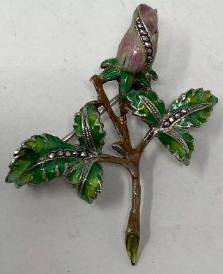 Vintage German? Antique Sterling Silver Enamel Marcasite Flower Rose Pin Brooch