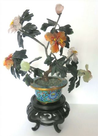 Antique Vintage Jade & Stone 7.  5 " Bonsai Tree In Cloisonne Pot W/ Wood Stand