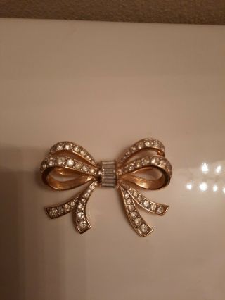 Vintage Swarovski Swan Signed Austrian Crystal Bow Pin Brooch