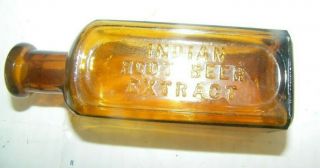 Vintage Old Antique Amber Bottle Indian Root Beer Extract 4 " Tall Hand Applied