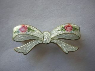 Vintage Sterling Silver & Enamel Bow Pin With Roses Signed Nb