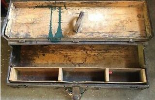 Antique Primitive Vintage Wooden Tool Box Carpenters Wood Trunk Chest